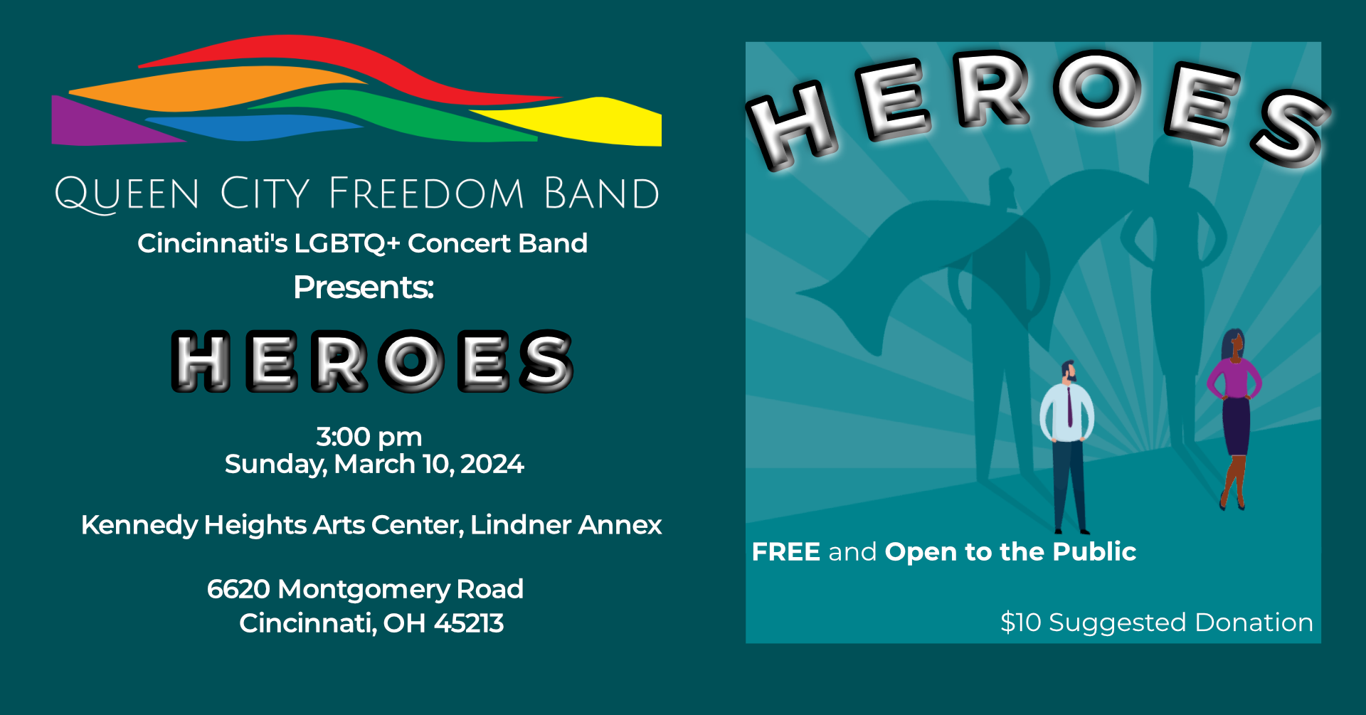 QCFB Heroes poster. Sunday March 10, 2024, 3pm at the Kennedy Heights Arts Center Lindner Annex